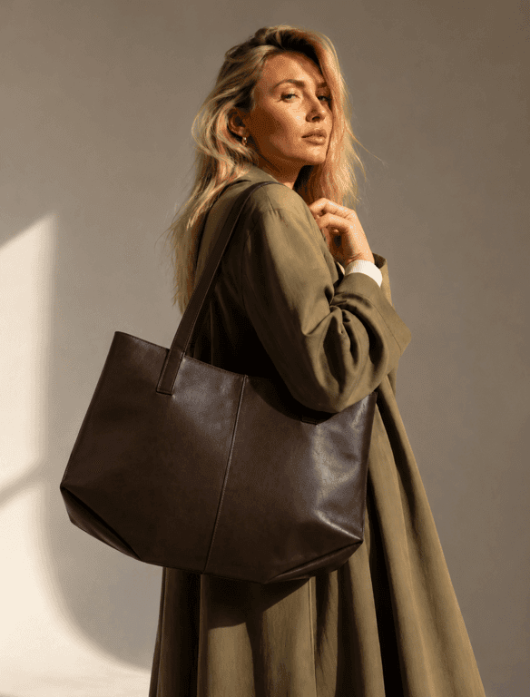 Large Dark Brown Leather Tote Bag with Pouch | Slouchy Shoulder Bag — view 1