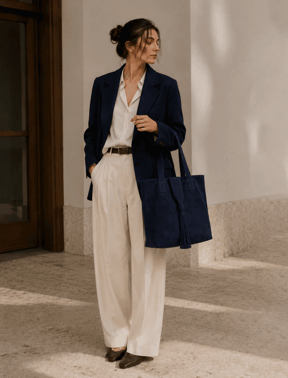 Large Navy Blue Suede Tote Bag | Tassel Shoulder Bag — view 1