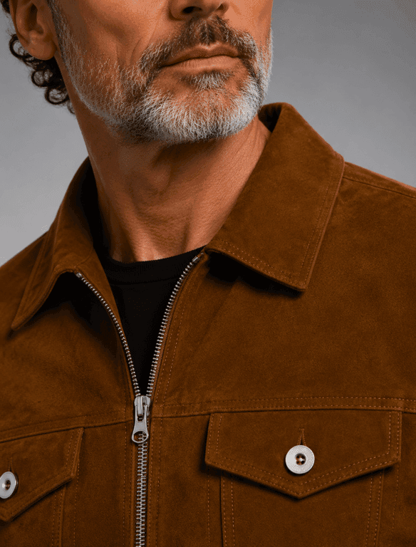 Classic Brown Suede Trucker Jacket | Men's Zip-Front Shirt Collar Jacket — view 1