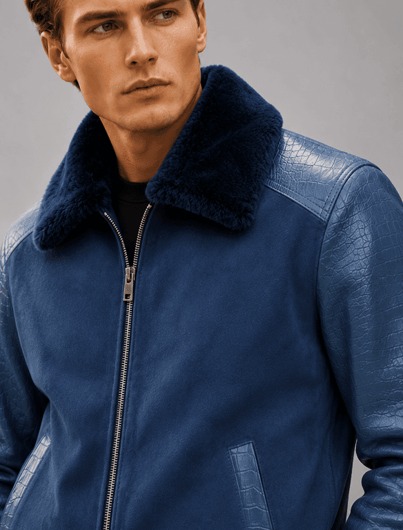 Navy Blue Croco Leather Aviator Jacket | Men's Shearling Collar Bomber Jacket — view 1