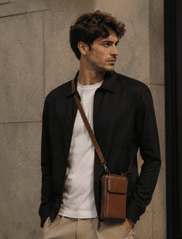 Minimalist Brown Leather Phone Crossbody Bag | Unisex Vertical Pouch — view 1