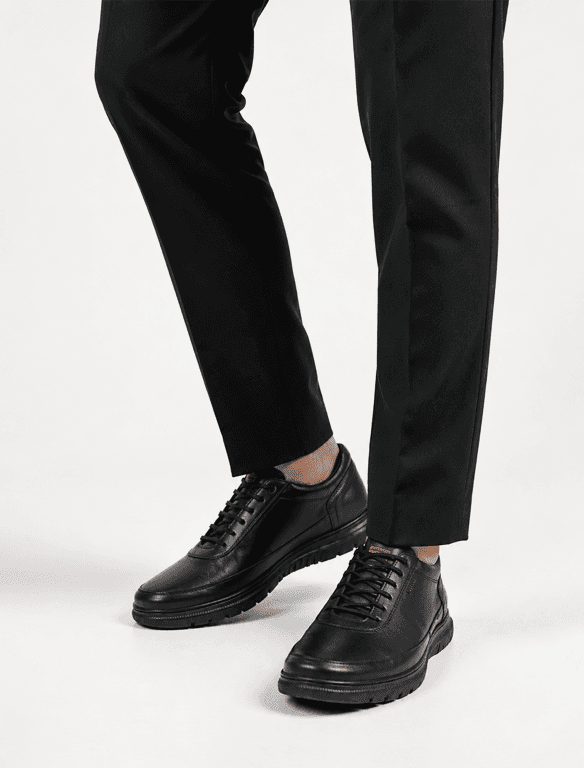 Black Leather Casual Sneakers with Red Accent | Minimalist Comfort Trainers — view 1