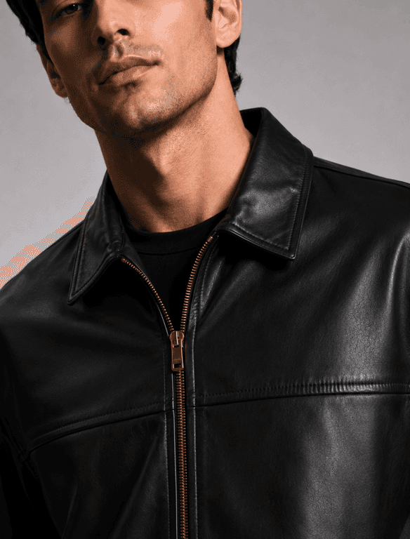 Classic Black Leather Jacket | Unisex Zip-Front Shirt Collar Jacket — view 1