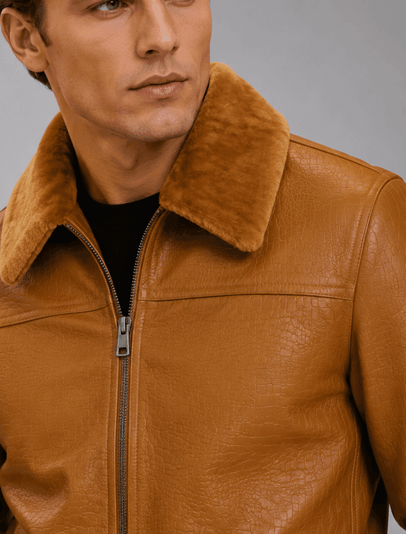 Tan Croco Leather Aviator Jacket | Men's Shearling Collar Zip Jacket — view 1