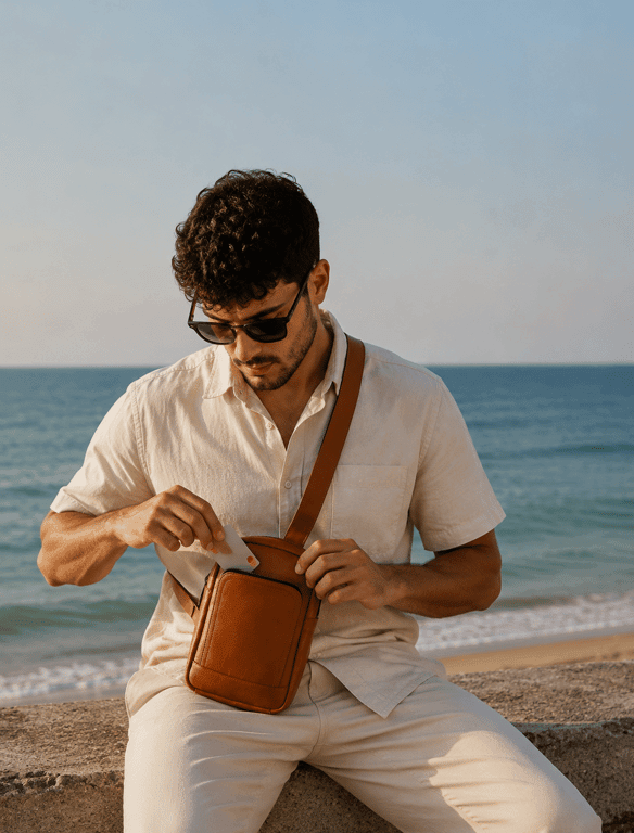 Minimalist Cognac Leather Sling Bag | Vertical Crossbody Chest Bag — view 1