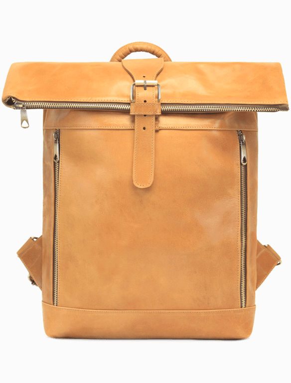 Large Tan Leather Roll-Top Backpack | Minimalist Travel Backpack — view 1