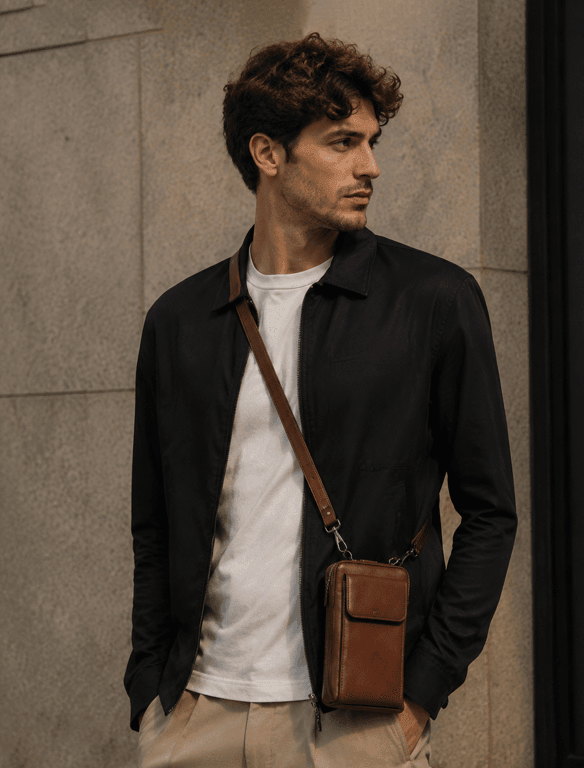 Minimalist Brown Leather Phone Crossbody Bag | Unisex Vertical Pouch — view 1