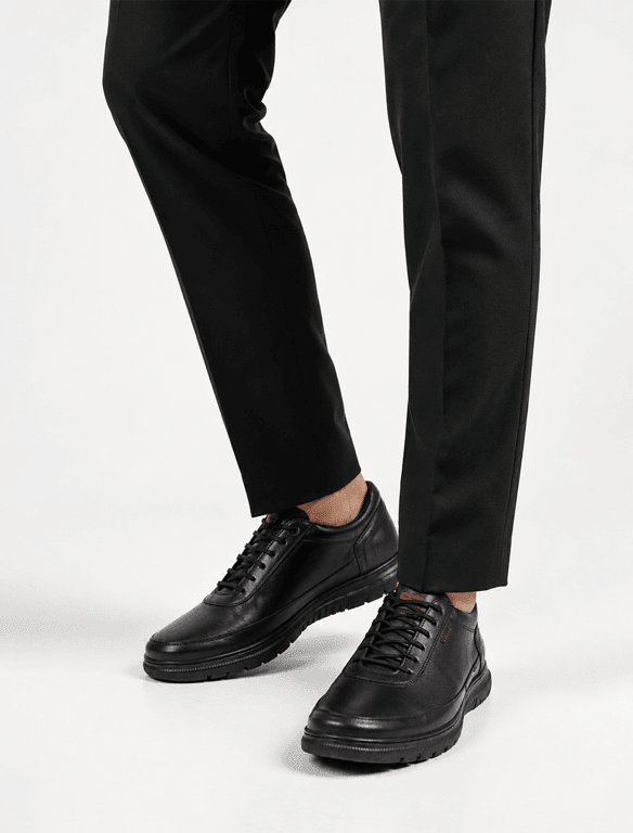 Black Leather Casual Sneakers with Red Accent | Minimalist Comfort Trainers — view 1