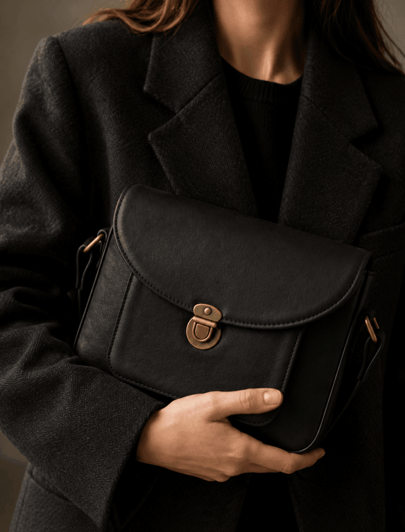 Classic Black Leather Messenger Bag | Vintage Black Crossbody Satchel — view 1