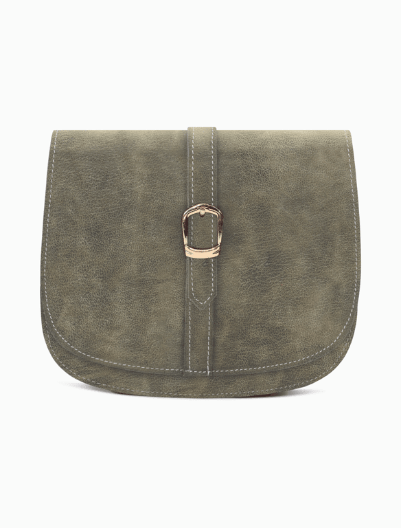 Minimalist Sage Olive Leather Saddle Bag | Elegant Curvy Crossbody — view 1