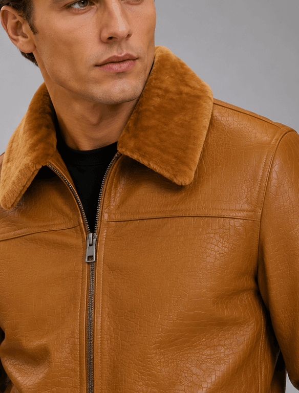 Tan Croco Leather Aviator Jacket | Men's Shearling Collar Zip Jacket — view 1