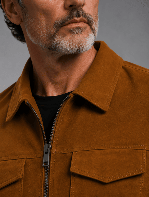 Classic Brown Suede Workwear Jacket | Men's Zip-Front Utility Shirt Jacket — view 1